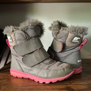 Sorel Kids' Grey and Pink Whitney Strap Waterproof Boots with Faux Fur Trim 10